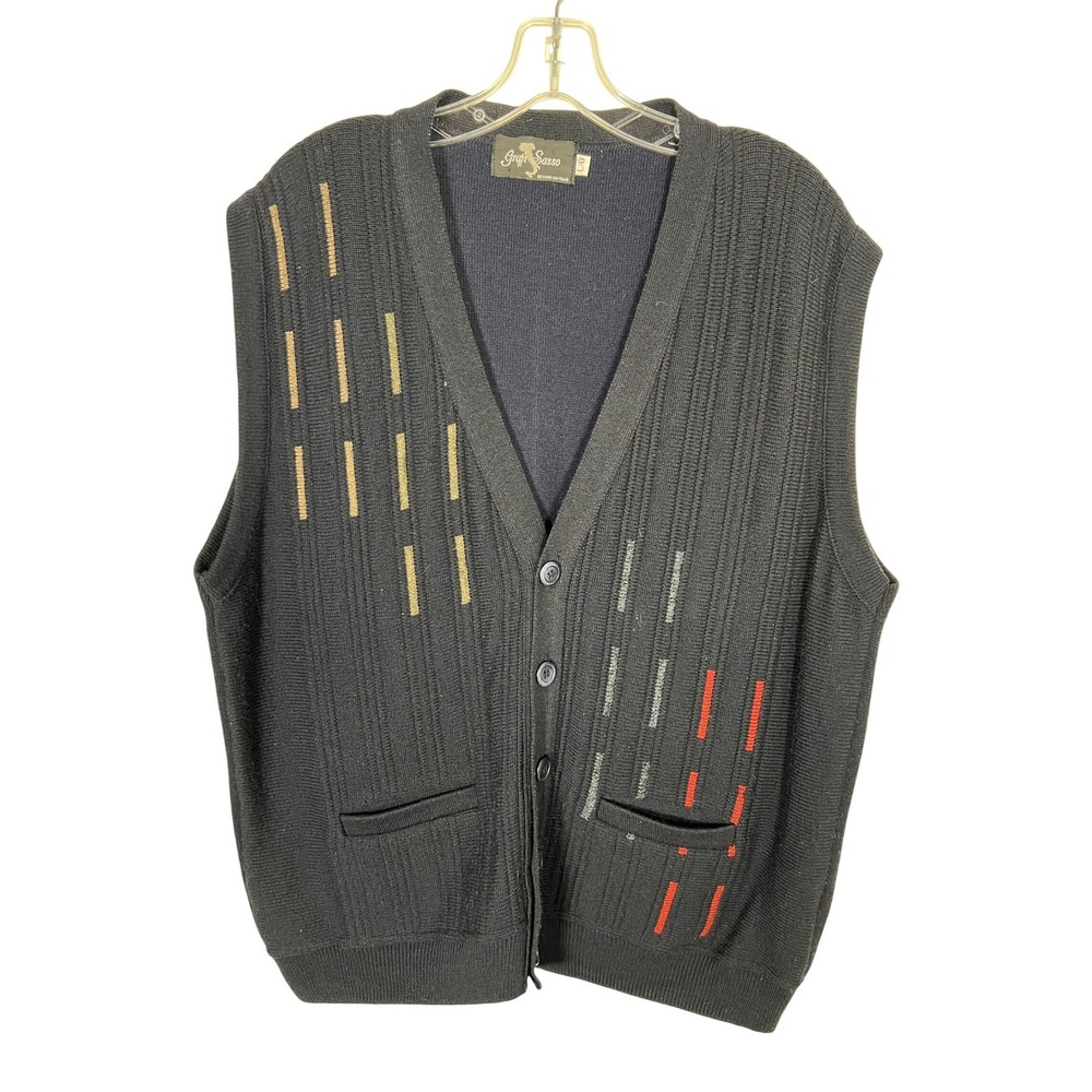 Vintage 90s Black Knit Cardigan Vest Geometric Embroidery Academia Wool Blend